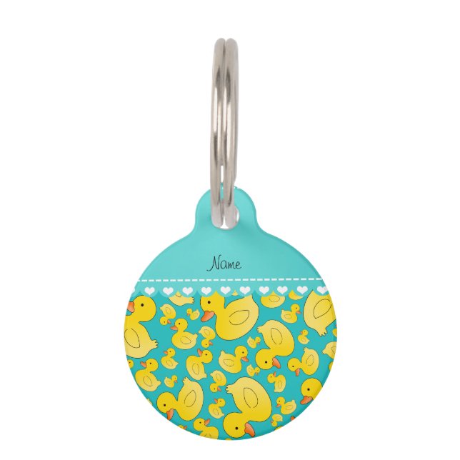 Custom name turquoise rubberducks heart stripe pet tag (Front)