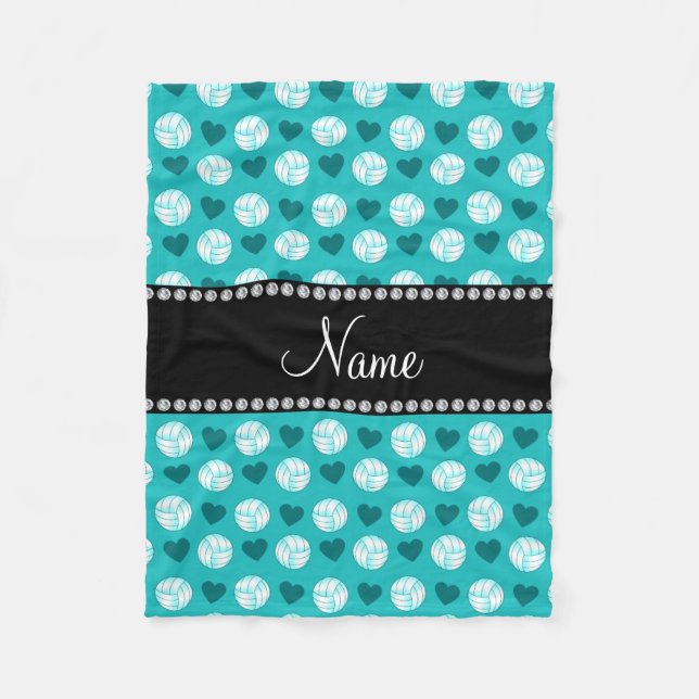 Custom name turquoise volleyballs and hearts fleece blanket (Front)