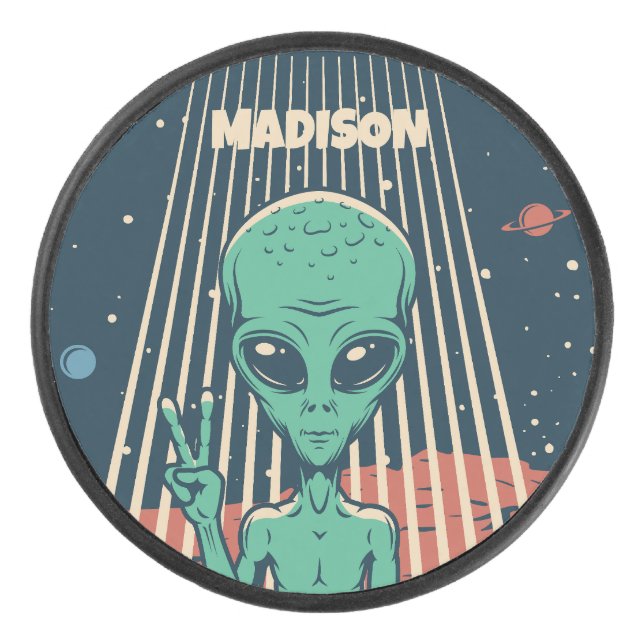 Custom Name UFO Alien Hockey Puck (Front)