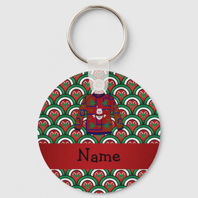 Custom name ugly christmas sweater candy canes key ring (Front)