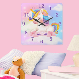 Custom Name Unicorn  Clouds Sparkle Square Wall Clock