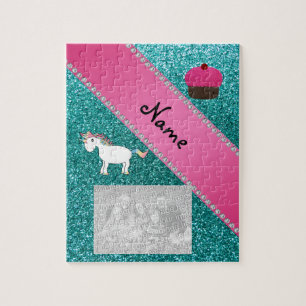 Custom name unicorn cupcake turquoise glitter jigsaw puzzle