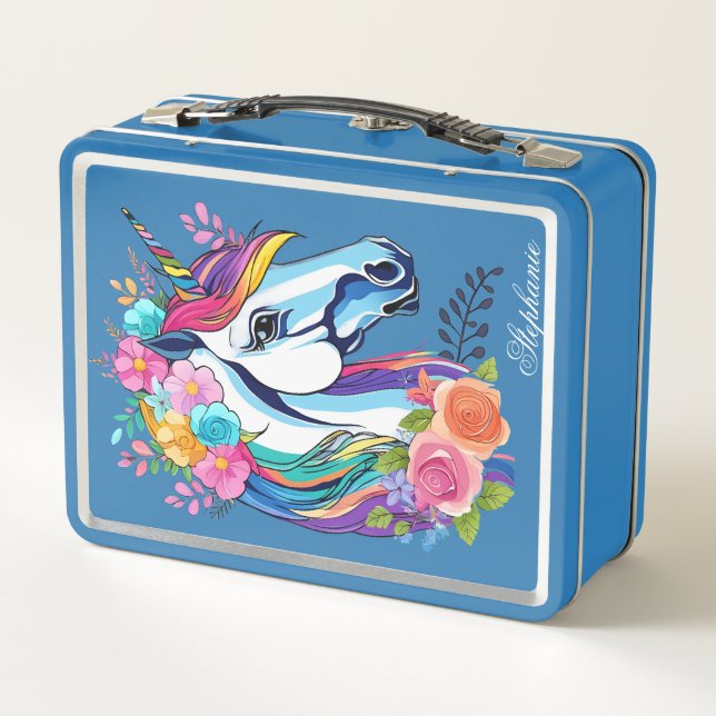 Custom Name Unicorn Lunchbox - Floral Metal (Back)