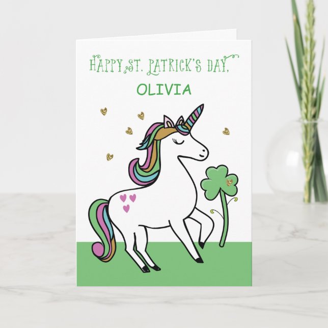 Custom Name Unicorn St. Patrick's Day Wishes Card (Front)