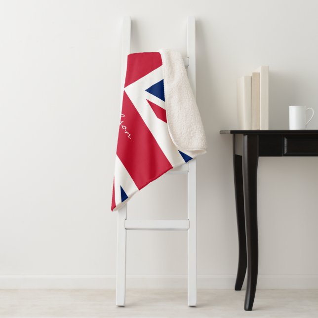 Custom Name Union Jack Red White Blue Flag Sherpa Blanket (In Situ)