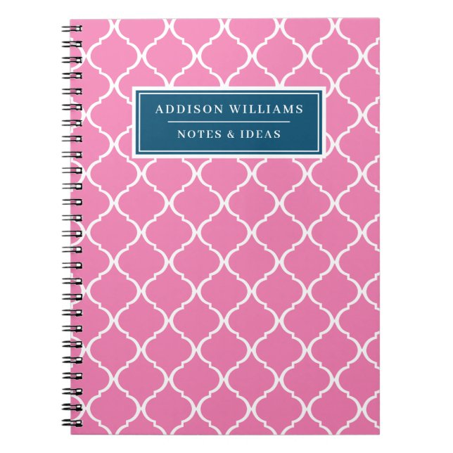 Custom Name Unique Blue Pink Lattice Pattern Notebook (Front)