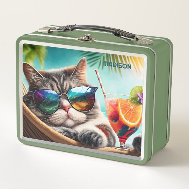 Custom Name Vacation Cat Metal Lunch Box (Front)