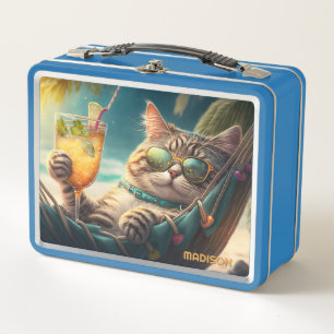 Custom Name Vacation Cat Metal Lunch Box