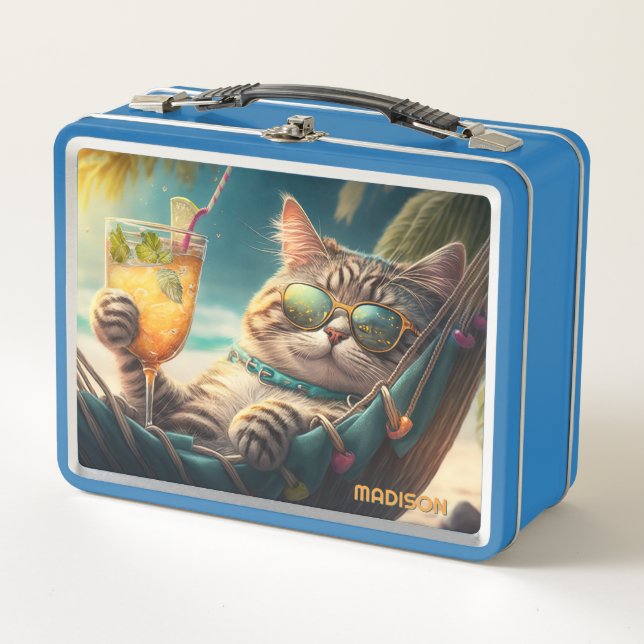 Custom Name Vacation Cat Metal Lunch Box (Front)