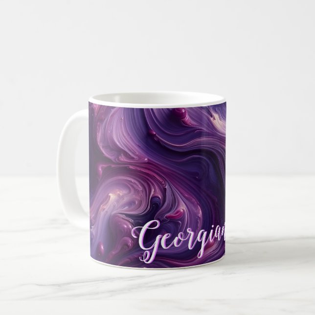 Custom Name Vibrant Purple Poured Paint Effect Coffee Mug (Front Left)