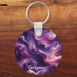 Custom Name Vibrant Purple Poured Paint Effect Key Ring