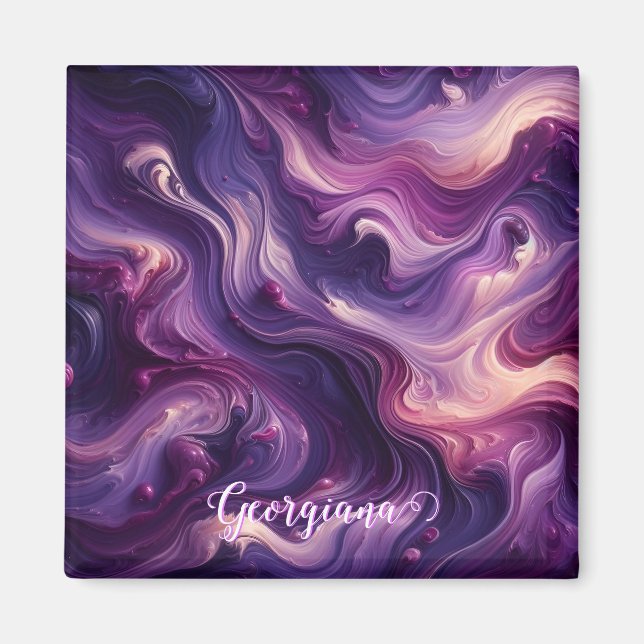 Custom Name Vibrant Purple Poured Paint Effect Magnet (Front)