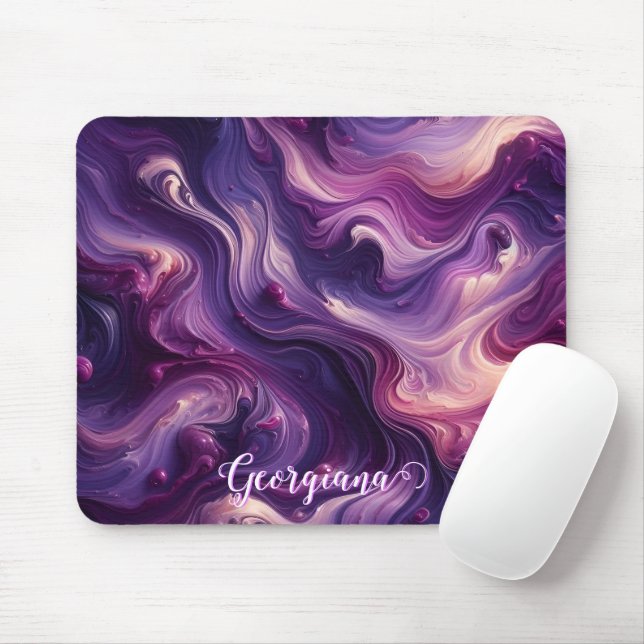 Custom Name Vibrant Purple Poured Paint Effect Mouse Pad (With Mouse)