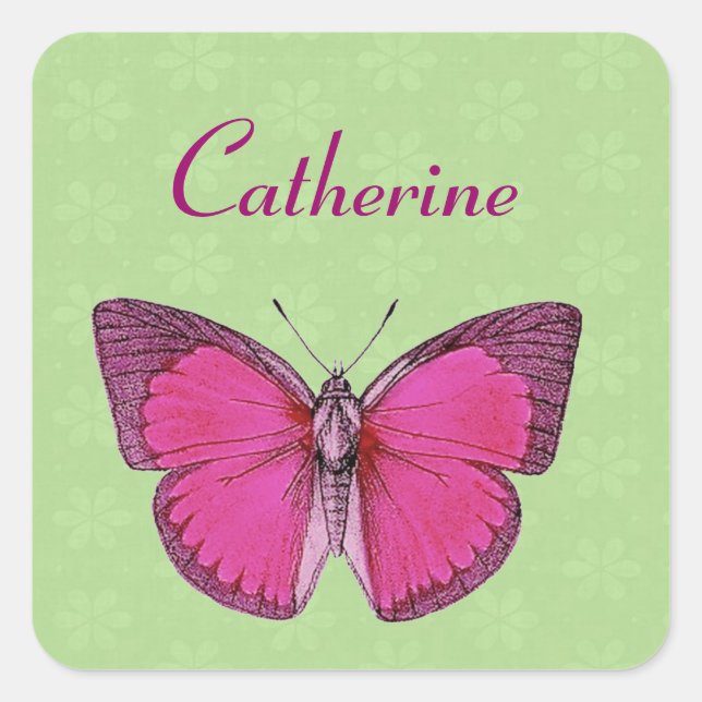 Custom Name Vintage Butterfly Coloured Background Square Sticker (Front)