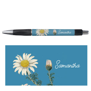 Custom Name Vintage Daisy Dusty Blue Script Text