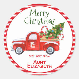 Custom Name Vintage Red Truck Christmas Holiday Classic Round Sticker