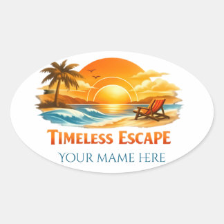 Custom Name Vintage Tropical Beach Oval Travel  Sticker