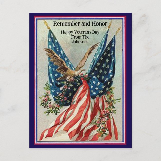 Custom Name Vintage Veteran's Day Patriotic Flag Postcard (Front)