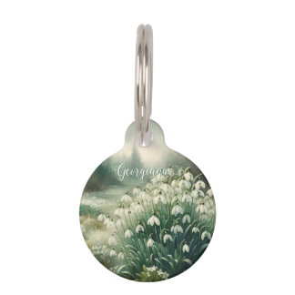 Custom Name Vintage Watercolor Floral Snowdrops Pet Tag
