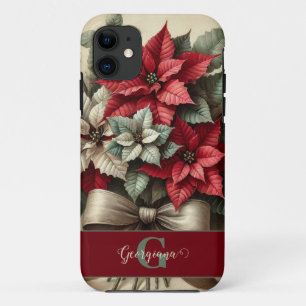 Custom Name Vintage Watercolor Poinsettia Bouquet iPhone 11 Case