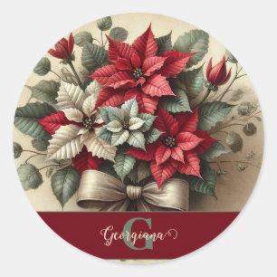 Custom Name Vintage Watercolor Poinsettia Bouquet Classic Round Sticker