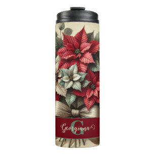 Custom Name Vintage Watercolor Poinsettia Bouquet Thermal Tumbler