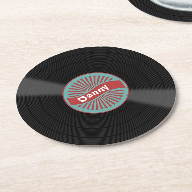 Custom name vinyl record round paper coaster (Angled)
