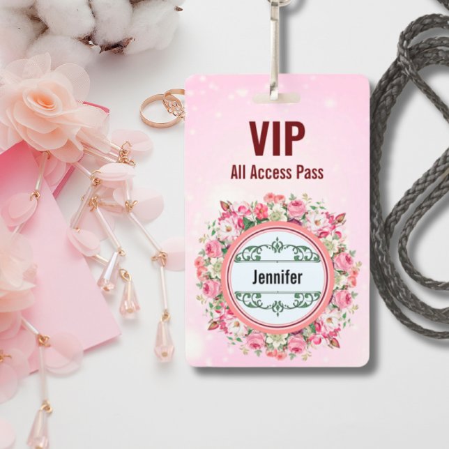 Custom Name VIP All Access Pass Floral Badge Pink ID Badge (Creator Uploaded)