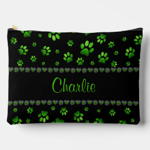 Custom name, vivid green glitter dog paws accessory pouch