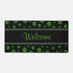 Custom name, vivid green glitter dog paws  desk mat