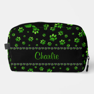 Custom name, vivid green glitter dog paws dopp kit