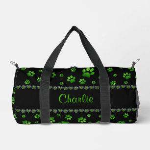 Custom name, vivid green glitter dog paws  duffle bag