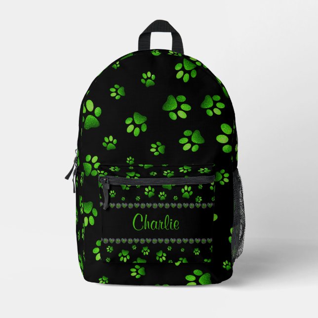 Custom name, vivid green glitter dog paws  printed backpack (Front)