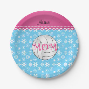 Custom name volleyball mum blue snowflakes paper plate
