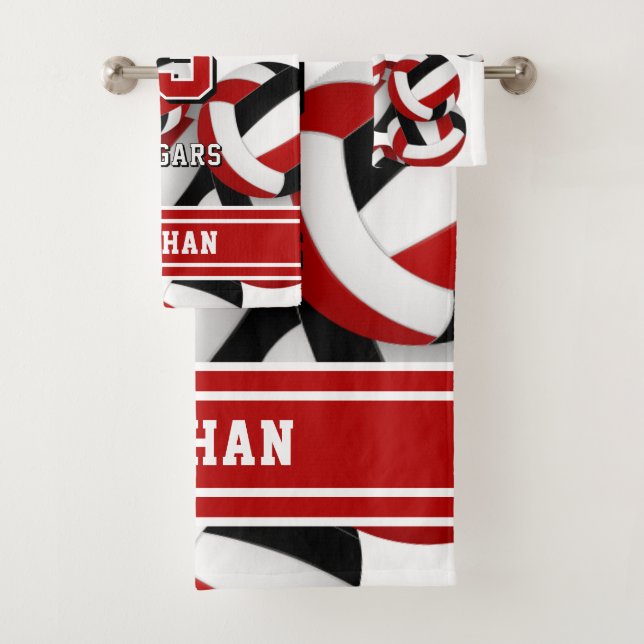 Custom name volleyball red black team colours bath towel set (Insitu)