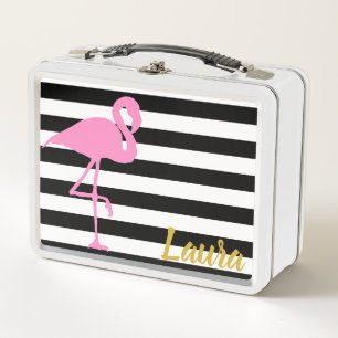 Custom Name w/ Flamingo on Black and White Stripes Metal Lunch Box