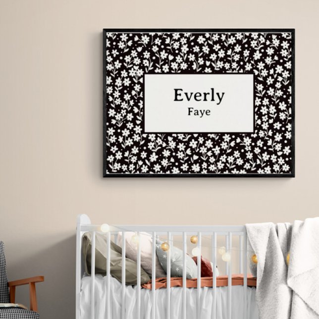 Custom Name Wall Decor Black White Flowers Print (Customize this baby name print! Shown with a black frame. You will be purchasing the print only.)