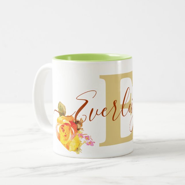 Custom Name Watercolor Art Roses Floral Everleigh Two-Tone Coffee Mug (Front Left)