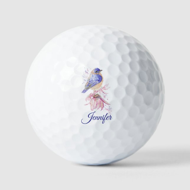 Custom Name Watercolor Bluebird Garden Bird Art Golf Balls (Front)