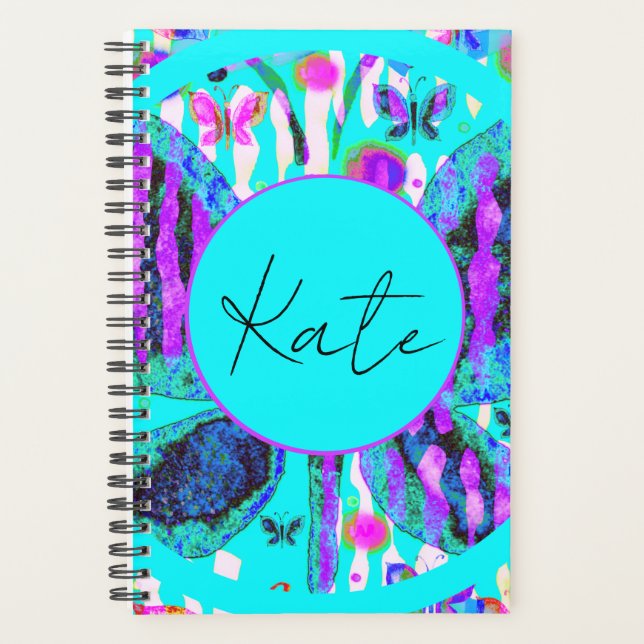 Custom Name Watercolor Butterfly Blue Purple Pink  Planner (Front)