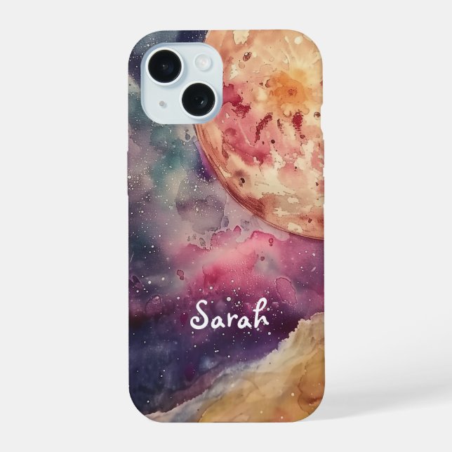 Custom Name Watercolor Cosmic Galaxy & Moon iPhone 15 Case (Back)