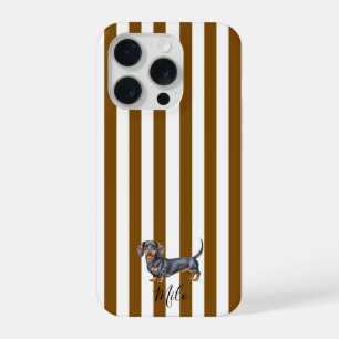 Custom name Watercolor Dachshund on White Stripes iPhone 15 Pro Case