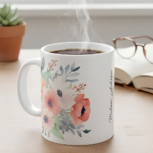 Custom Name Watercolor Floral Anemone Large Coffee Mug