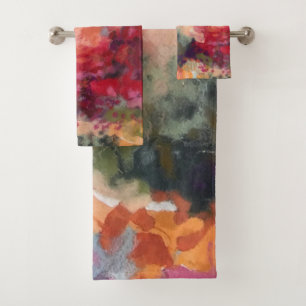 Custom Name Watercolor Nature Colorful Red Green  Bath Towel Set
