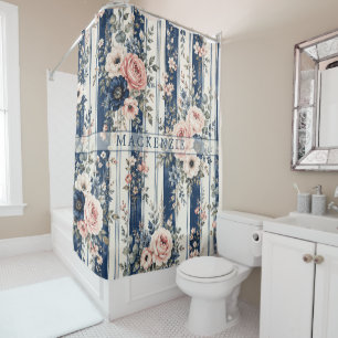 Custom Name Watercolor Navy Floral Stripe Pattern Shower Curtain