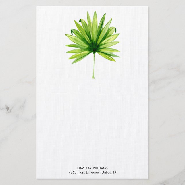 Custom Name Watercolor Palm Leaf Stationary Stationery (Front)