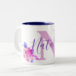 Custom Name Watercolor Purple Roses Floral Natalia Two-Tone Coffee Mug