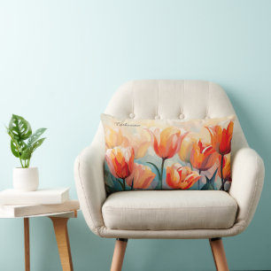 Custom Name Watercolor Tulips Lumbar Cushion