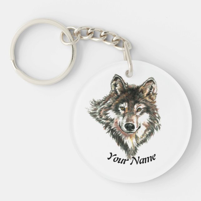 Custom Name Watercolor Wolf Animal Art Key Ring (Front)