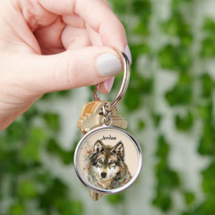 Custom Name Watercolor Wolf Head Key Ring
